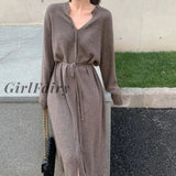 Girlfairy Autumn New 2023 Japanese Style Korean Fashion Women's Clothing Solid Color Long Sleeve V-Neck Casual Simplicity Knit Dress
