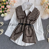 Girlfairy Autumn New Suit Solid Color Simple Women Blouse + Chic Sashes Slim Waist Plaid Panelled