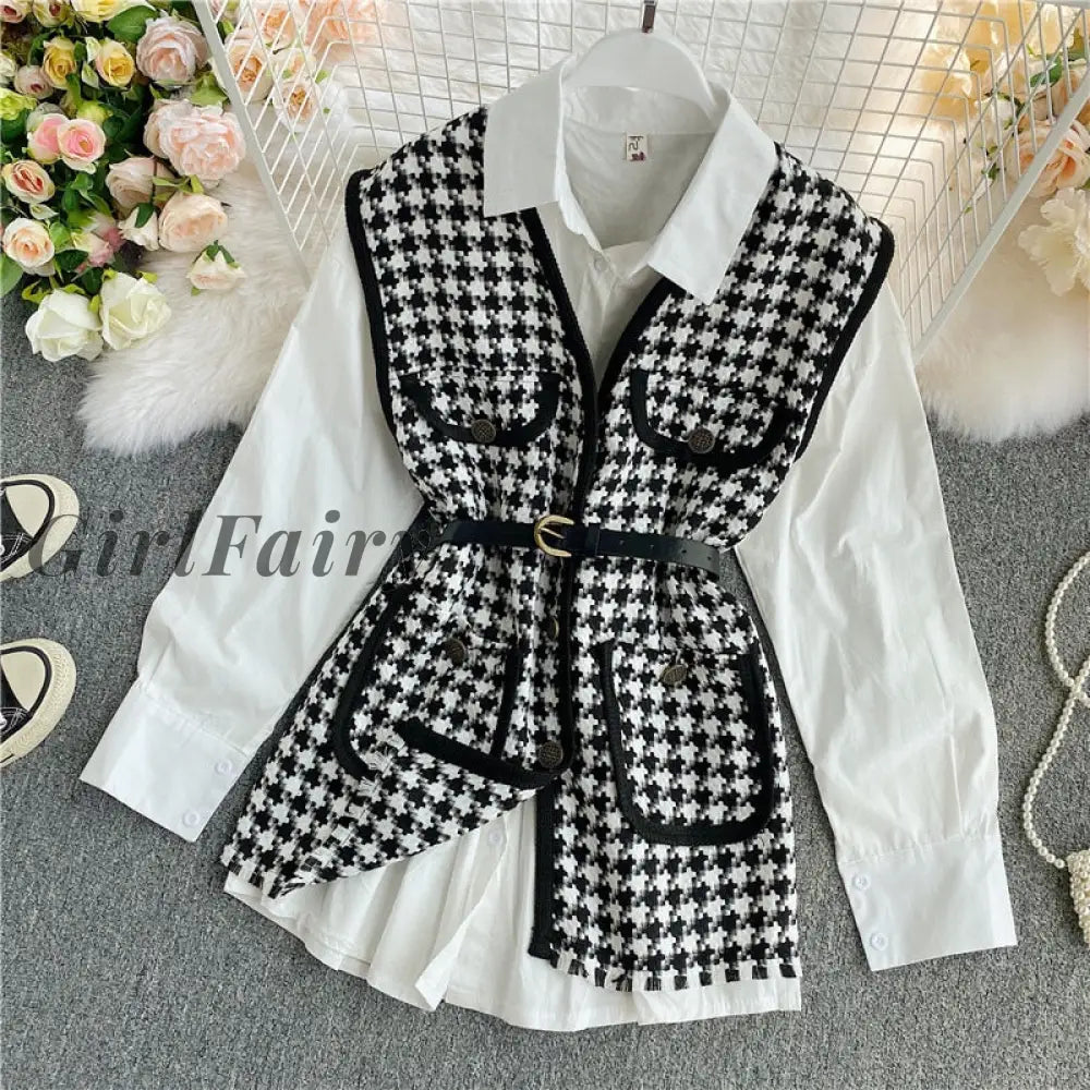 Girlfairy Autumn New Suit Solid Color Simple Women Blouse + Chic Sashes Slim Waist Plaid Panelled