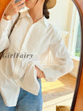 Girlfairy Autumn New Women White Shirts Lapel Long Sleeve Mid-Length Folds French Design Casual