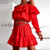 Girlfairy Autumn Off Shouder Soild Red Dress Women Slash Neck Cascading Ruffle Elastic Waist A Line