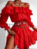 Girlfairy Autumn Off Shouder Soild Red Dress Women Slash Neck Cascading Ruffle Elastic Waist A Line