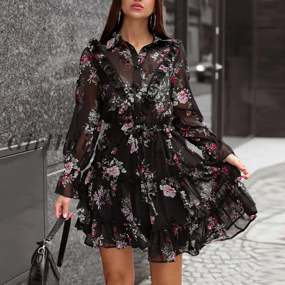 Girlfairy Autumn Perspective Floral Print Shirt Dress Women Vintage Chiffon Long Sleeve A Line 2023