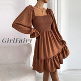 Girlfairy Autumn Ruffles Solid Dress For Women Elegant Square Neck Long Sleeve Lady A Line Black