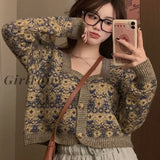 Girlfairy Autumn Sexy Retro Square Floral Cropped Cardigan Knitted Top Slim Pull Femme Jumpers