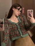 Girlfairy Autumn Sexy Retro Square Floral Cropped Cardigan Knitted Top Slim Pull Femme Jumpers