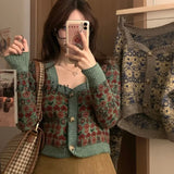 Girlfairy Autumn Sexy Retro Square Floral Cropped Cardigan Knitted Top Slim Pull Femme Jumpers Single-breasted Jacquard Sweater Coat