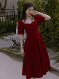 Girlfairy Autumn Summer Women Red Dress Vintage Elegant Style Long & Short Sleeve Large Size Lady