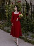 Girlfairy Autumn Summer Women Red Dress Vintage Elegant Style Long & Short Sleeve Large Size Lady