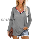 Girlfairy Autumn Tops Shirts V Neck Long Sleeve Women Blouses Slit Casual Loose Fashion Plus Size
