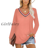 Girlfairy Autumn Tops Shirts V Neck Long Sleeve Women Blouses Slit Casual Loose Fashion Plus Size