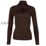 Girlfairy Autumn Turtleneck Hollow Out Sweater Ribbed Womens 2023 Casual Long Sleeve Green Office