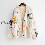 Girlfairy Autumn Winter Embroidery Women Cardigan Warm Knitted Sweater Jacket Pocket Fashion Knit