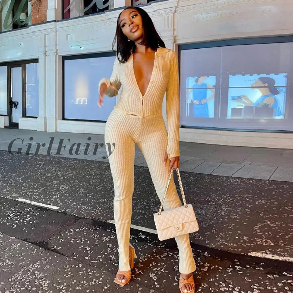 Girlfairy Autumn Winter Ribbed Long Sleeve Jumpsuit For Women 2023 Sexy Button Patchwork Slim Club