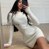 GirlFairy Autumn Winter Women Knitted Dress Fashion Hooded Elastic Slim Vestidos Whiter Casual Knit Chic Bodycon Sweater Dress