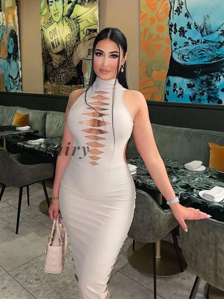 Girlfairy Autumn Winter Women Sleeveless Hollow Out Cut Midi Dress Backless Bodycon Sexy Party Club