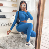 Girlfairy Autumn Winter Women’S Casual Long Sleeve Jumpsuit Ladies Fashion Solid Color Round Neck Hollow Tight Jumpsuit