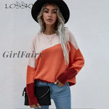 Girlfairy Autumn Women Color Block Sweater White Korean Fashion Long Sleeve Knitted Basic Top Casual