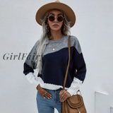 Girlfairy Autumn Women Color Block Sweater White Korean Fashion Long Sleeve Knitted Basic Top Casual