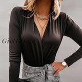 Girlfairy Autumn Women Sexy Wrap Office Shirt Blouse Solid V Neck Long Sleeve Blouses Winter Ladies Black White Work OL Shirts Tops