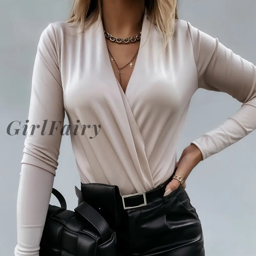 Girlfairy Autumn Women Sexy Wrap Office Shirt Blouse Solid V Neck Long Sleeve Blouses Winter Ladies