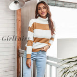 Girlfairy Autumn Women Striped Turtleneck Sweater Korean Fashion Knitted Long Sleeve Pink Basic Top