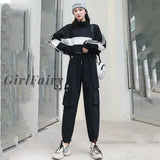 Girlfairy Back To College 2023 Autumn High Waist Streetwear Cargo Pants Female Harajuku Loose Joggers Women 2 Piece Suit Harem Camo Pants