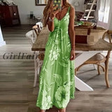 Girlfairy Back To College Strap Summer Women Dress Beach Holiday Maxi V-Neck Sleeveless Floral Print