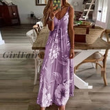 Girlfairy Back To College Strap Summer Women Dress Beach Holiday Maxi V-Neck Sleeveless Floral Print