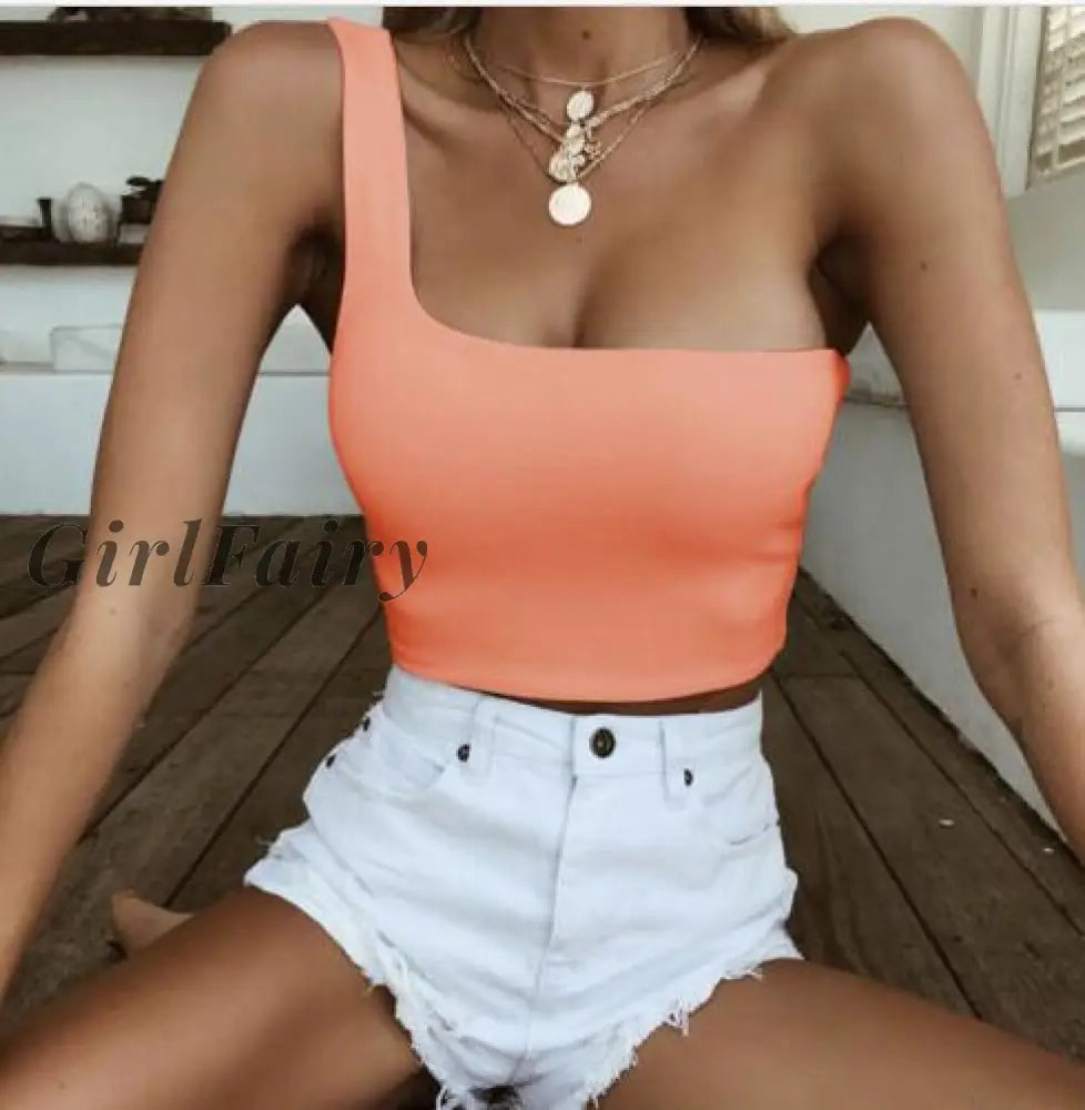 Girlfairy Back To College Women Lady Female One Shoulder Crop Tops Sleeveless T-Shirt Tank Summer