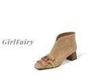 Girlfairy Back To School Autumn/Winter Women Boots Sheep Suade Round Toe Square Heel Mid-Heel Ankle