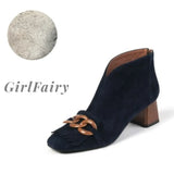Girlfairy Back To School Autumn/Winter Women Boots Sheep Suade Round Toe Square Heel Mid-Heel Ankle