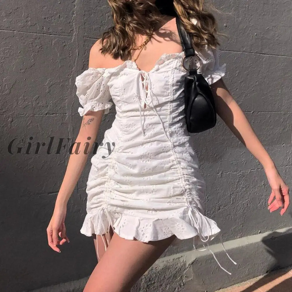 Girlfairy Back To School Dress Fashion Square Neck Lace Up White Women Drawstring Ruched Vintage