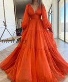 Girlfairy Back To School Dress Sevintage Long Puff Sleeves Prom Dresses V-Neck Pleats Chiffon Princess Evening Gowns Women Party Dress Plus Size