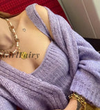 Girlfairy Back To School Gift 1 Set Autumn Winter Romantic Purple Knitting Cardigan Cropped Tank Top