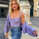 Girlfairy Back To School Gift 1 Set Autumn Winter Romantic Purple Knitting Cardigan Cropped Tank Top