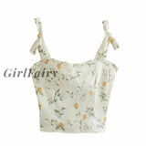 Girlfairy Back To School Gift French Tie Bow Strap Fresh Floral Print Camis Women Summer Ruched
