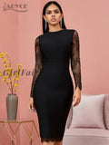 Girlfairy Back To School Gift New Winter Lace Long Sleeve Bandage Dress Women Sexy Hollow Out Black
