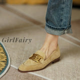 Girlfairy Back To School  New Spring/Autumn Fashion Camel Buckle Casual Kid Suede Women Loafers Solid British Style Low Heel Pumps Slip-on Shoes for Women