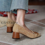 Girlfairy Back To School New Spring/Autumn Women Shoes Round Toe Square Heel Pumps Sheep Suade