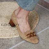 Girlfairy Back To School New Spring/Autumn Women Shoes Round Toe Square Heel Women Pumps Sheep Suade Tassel Chunky Heel Slip-On Solid Lady Shoes