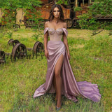 Girlfairy Back To School SoDigne Dubai Prom Party Dresses High Split Beads Sequined Purple Evening Gowns Long Off Shoulder Celebrity Dress