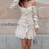 Girlfairy Back To School Spring Long Puff Sleeve Strapless Women Dress Off Shoulder Ruched A-Line