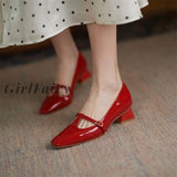 Girlfairy Back To School Spring/Autumn Women Shoes Patent Leather Solid Color T-shaped Buckle Square Toe Chunky Heel Versatile Mid-Heel Pumps Shoes