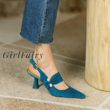Girlfairy Back To School Summer Women Shoes Sheep Suede Shoes Women Covered Toe Thin Heel Sandals Solid Slingback Women Shoes for Women Pearl Sandal