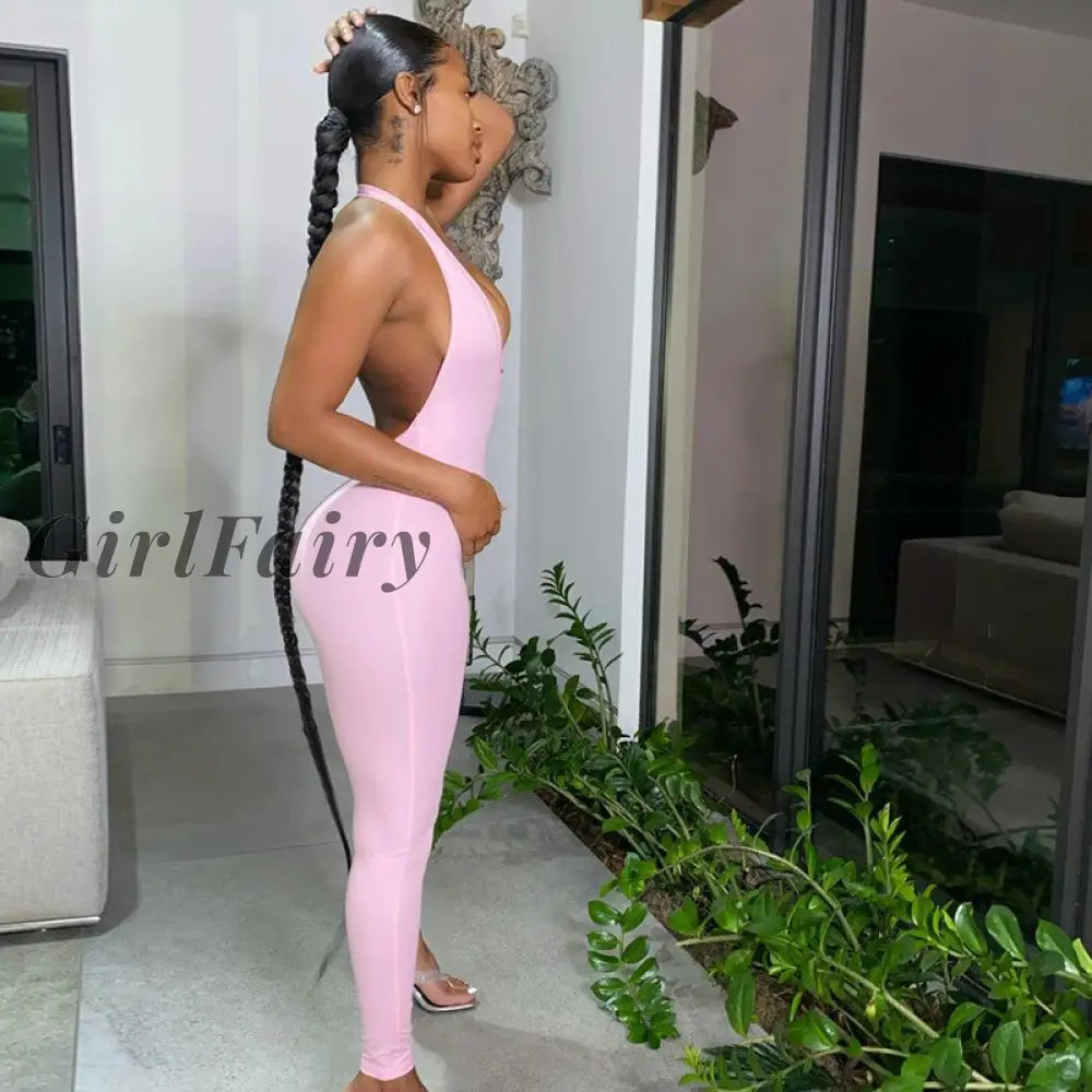 Girlfairy Backless Halter Deep V Neck Bodycon Jumpsuit Women Rompers Sexy Club Jumpsuits Sporty One