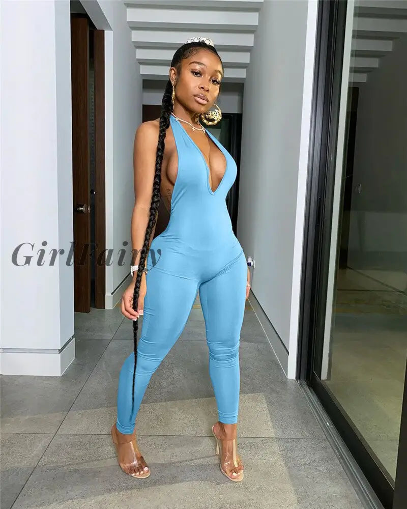 Girlfairy Backless Halter Deep V Neck Bodycon Jumpsuit Women Rompers Sexy Club Jumpsuits Sporty One