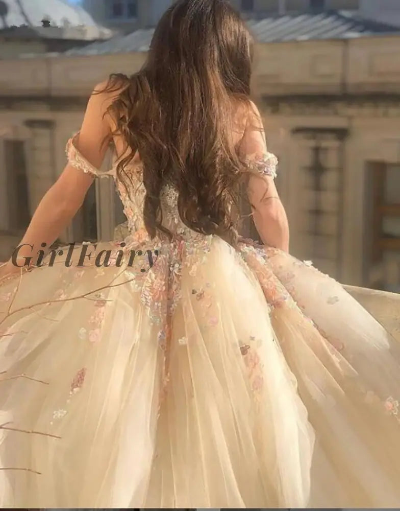 Girlfairy Ball Gown Princess Prom Dresses Off The Shoulder Sweetheart Appliques Formal Tulle Long