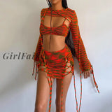 Girlfairy Bandage Criss-Cross Top And Skirts Womens Sets 3 Piece Outfits Knitted Cropped Flare