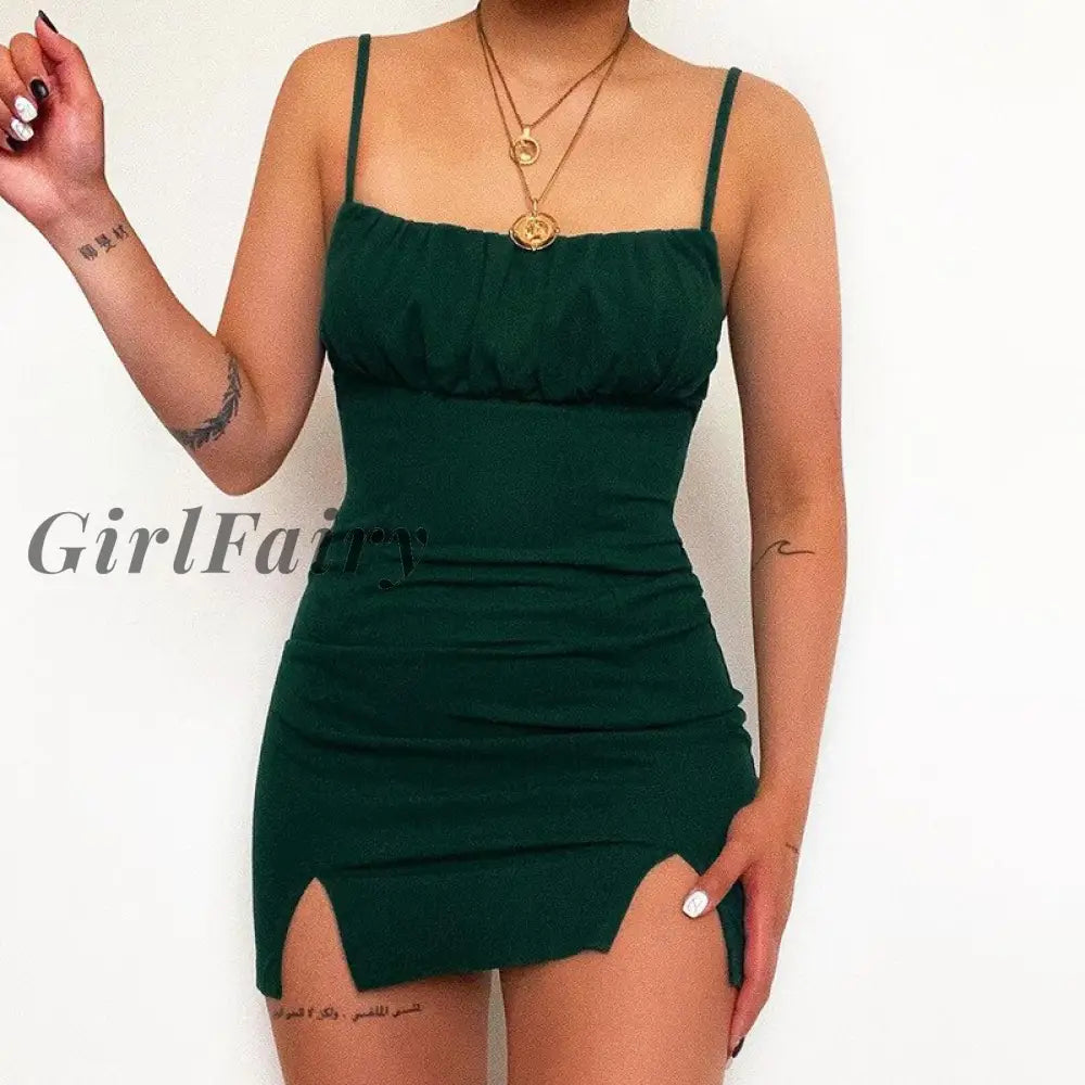 Girlfairy Basic Dresses Cotton Spaghetti Strap Sling High Waist Ruched Mini Dress Womens Split